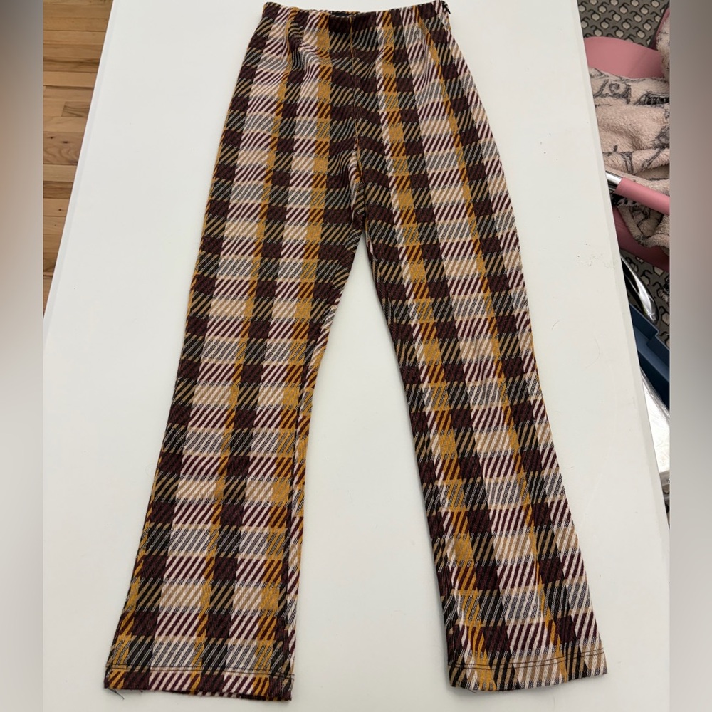 Free People Clean Crop Flare Pants Women's 2 Brown Plaid High-Rise Stretch Retro